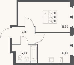 Планировка: 1-к, 35,4 м²