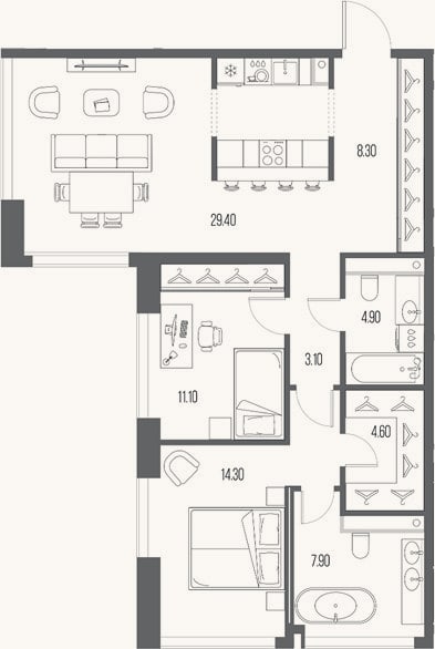 Планировка: 2-к, 83,6 м²