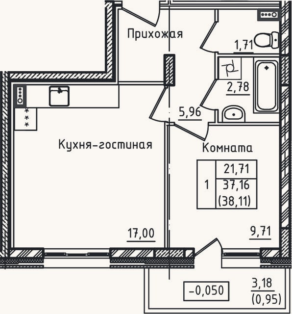 Планировка: 2-к, 37,2 м²