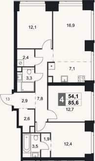Планировка: 4+ к, 85,6 м²