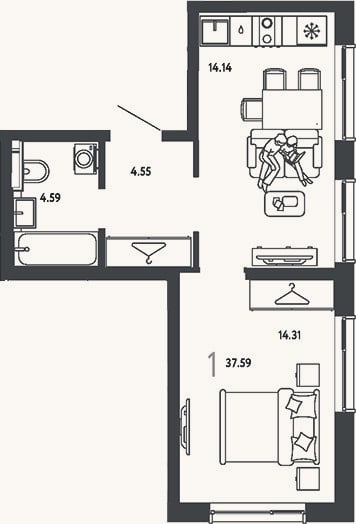 Планировка: 1-к, 37,6 м²
