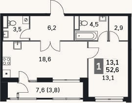 Планировка: 2-к, 47,6 м²