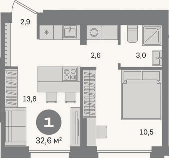 Планировка: 1-к, 32,6 м²