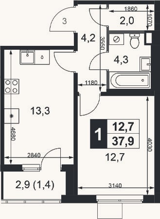 Планировка: 1-к, 36,5 м²