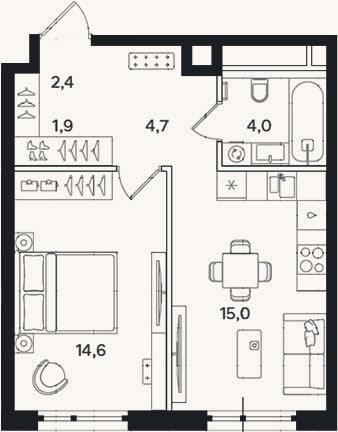 Планировка: 1-к, 42,6 м²