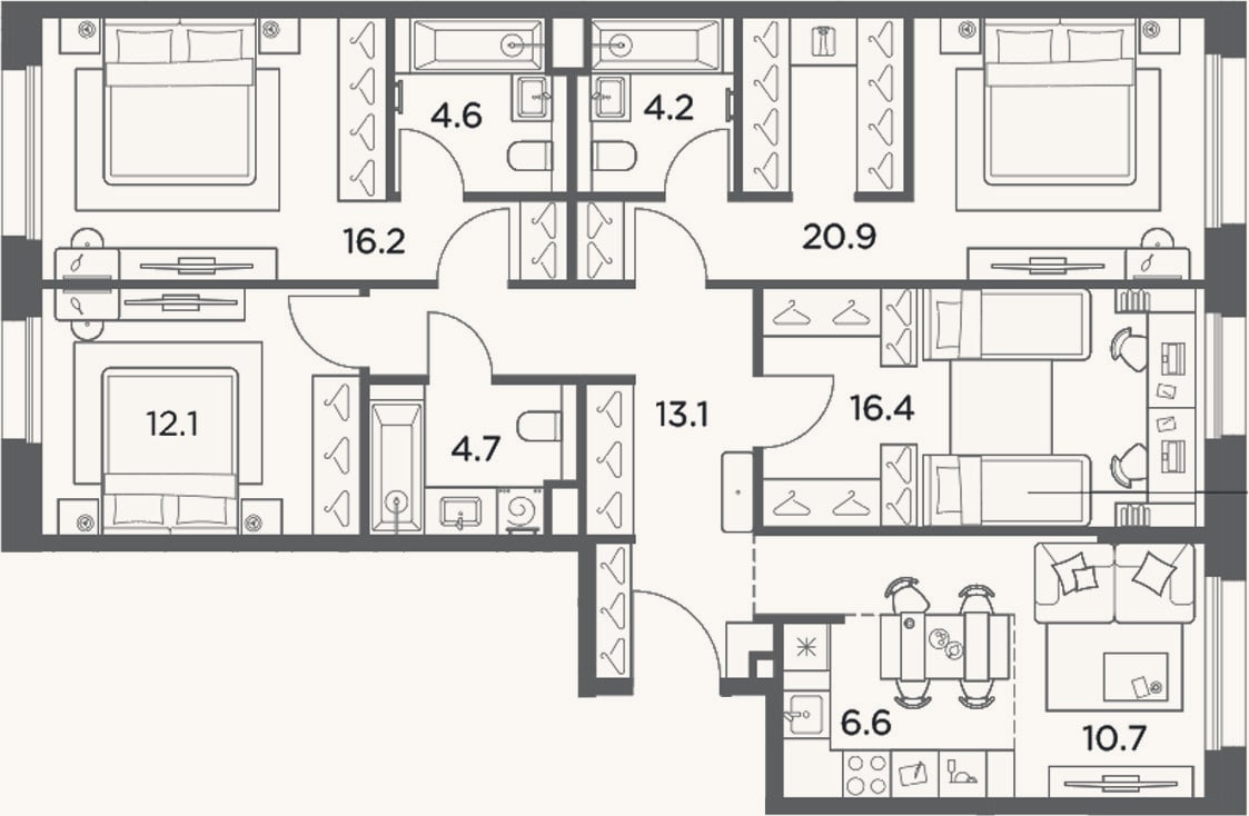 Планировка: 4+ к, 109,5 м²