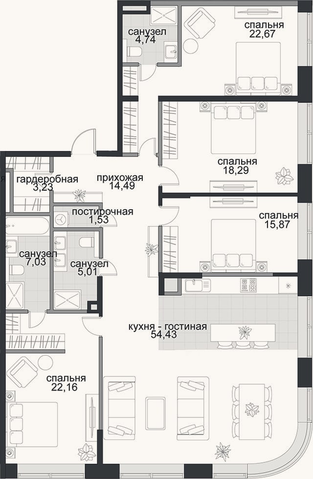 Планировка: 4+ к, 169,5 м²