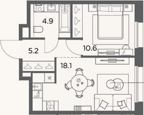 Планировка: 1-к, 38,8 м²
