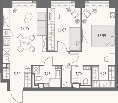 Планировка: 3-к, 64,3 м²