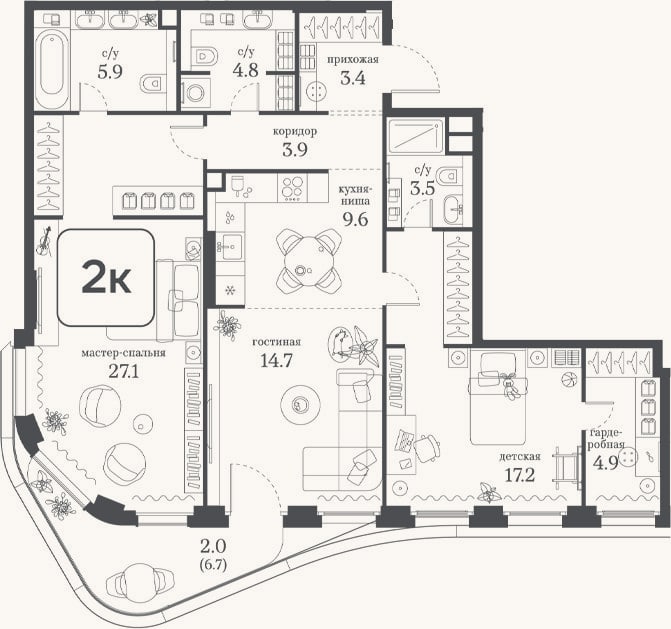 Планировка: 2-к, 95 м²