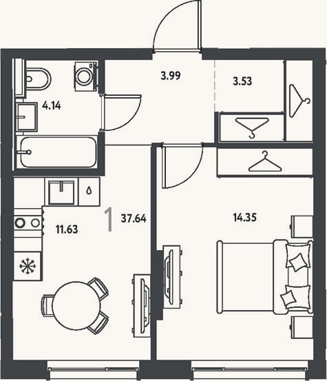 Планировка: 1-к, 37,6 м²
