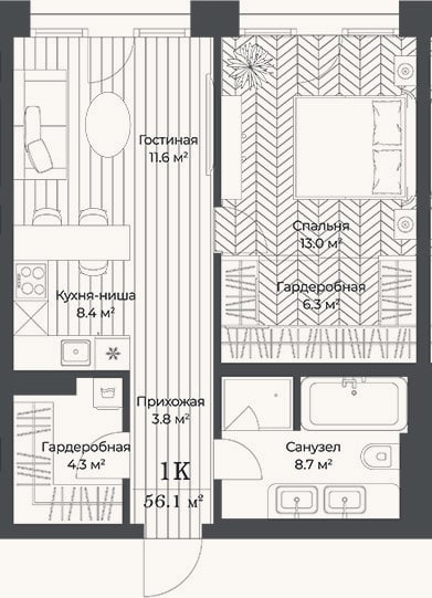 Планировка: 2-к, 56,1 м²