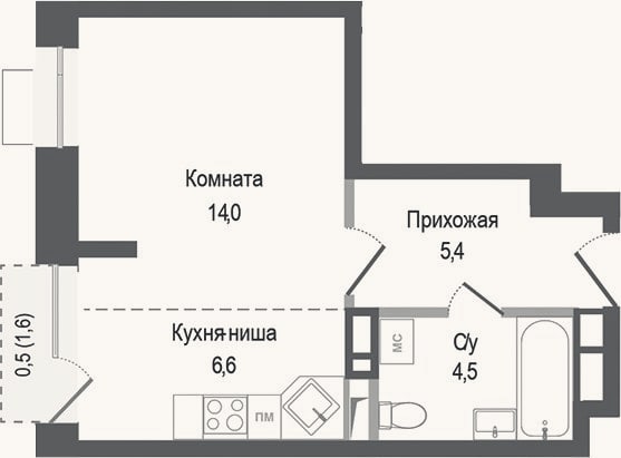 Планировка: Студия, 30,5 м²