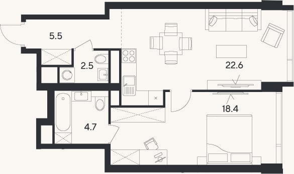 Планировка: 2-к, 53,7 м²