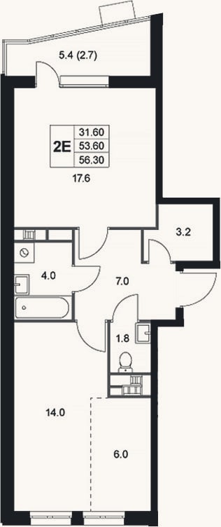 Планировка: 2-к, 53,6 м²