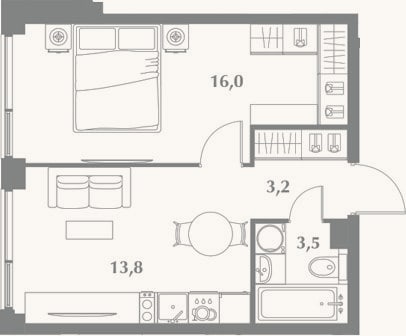 Планировка: 1-к, 36,5 м²