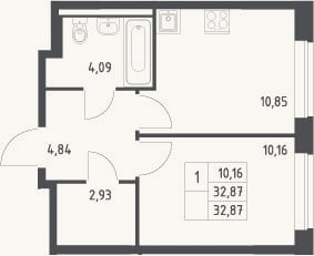 Планировка: 1-к, 32,9 м²