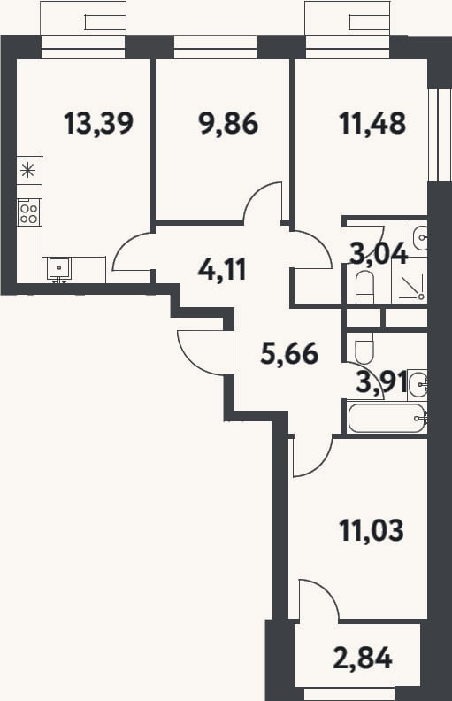 Планировка: 3-к, 62,5 м²