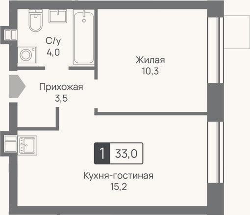 Планировка: 2-к, 33 м²