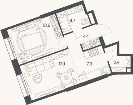 Планировка: 2-к, 46,2 м²