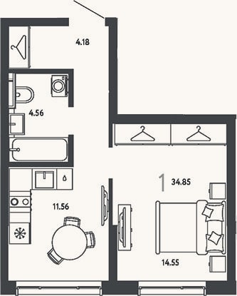 Планировка: 1-к, 34,9 м²