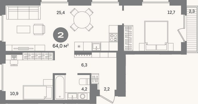 Планировка: 2-к, 61,7 м²