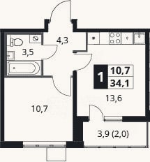 Планировка: 1-к, 32,1 м²