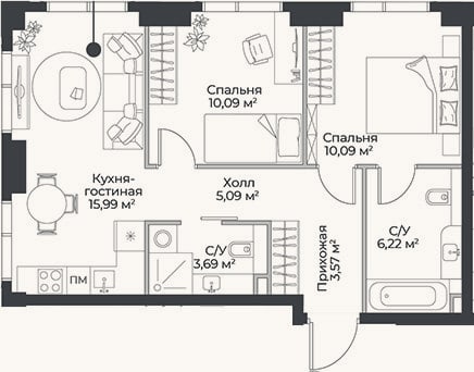 Планировка: 3-к, 54,7 м²