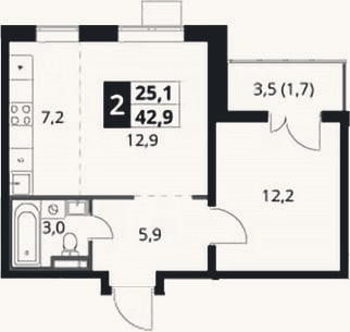 Планировка: 2-к, 41,2 м²