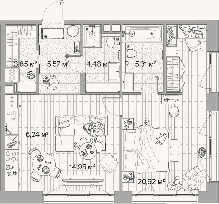 Планировка: 2-к, 61,3 м²