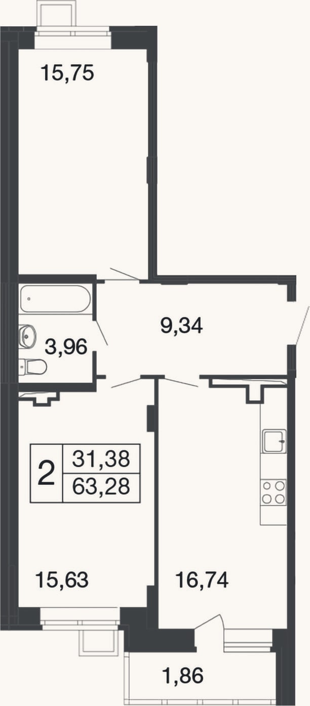 Планировка: 2-к, 61,4 м²