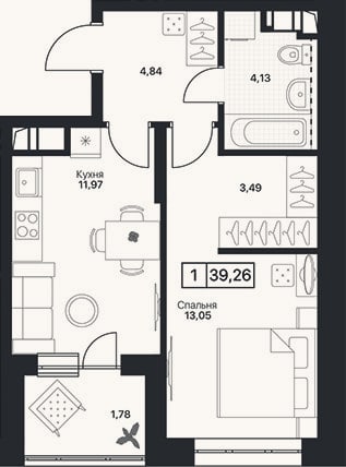 Планировка: 1-к, 37,5 м²