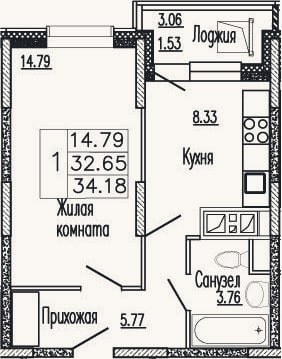 Планировка: 1-к, 34,1 м²