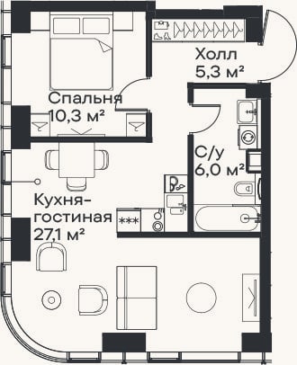 Планировка: 2-к, 48,7 м²