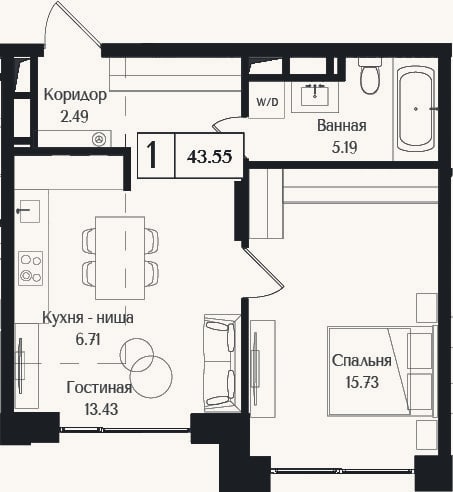 Планировка: 2-к, 43,6 м²