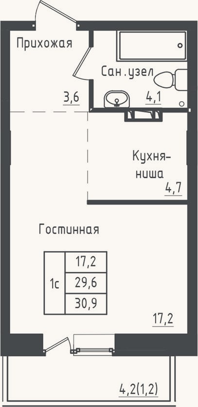 Планировка: Студия, 29,6 м²