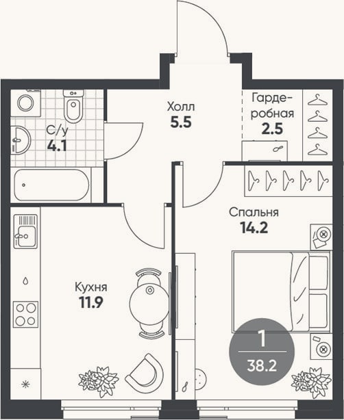 Планировка: 1-к, 38,2 м²