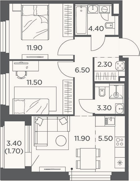 Планировка: 3-к, 57,3 м²