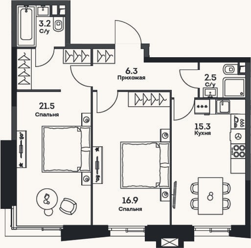 Планировка: 2-к, 65,7 м²