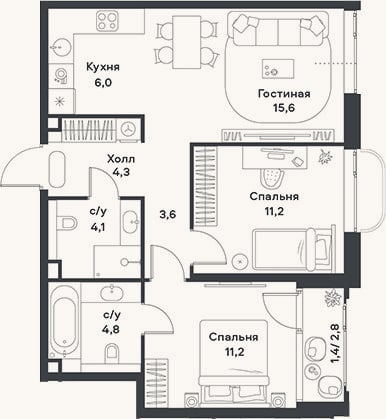 Планировка: 3-к, 60,8 м²