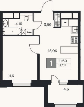 Планировка: 2-к, 34,7 м²