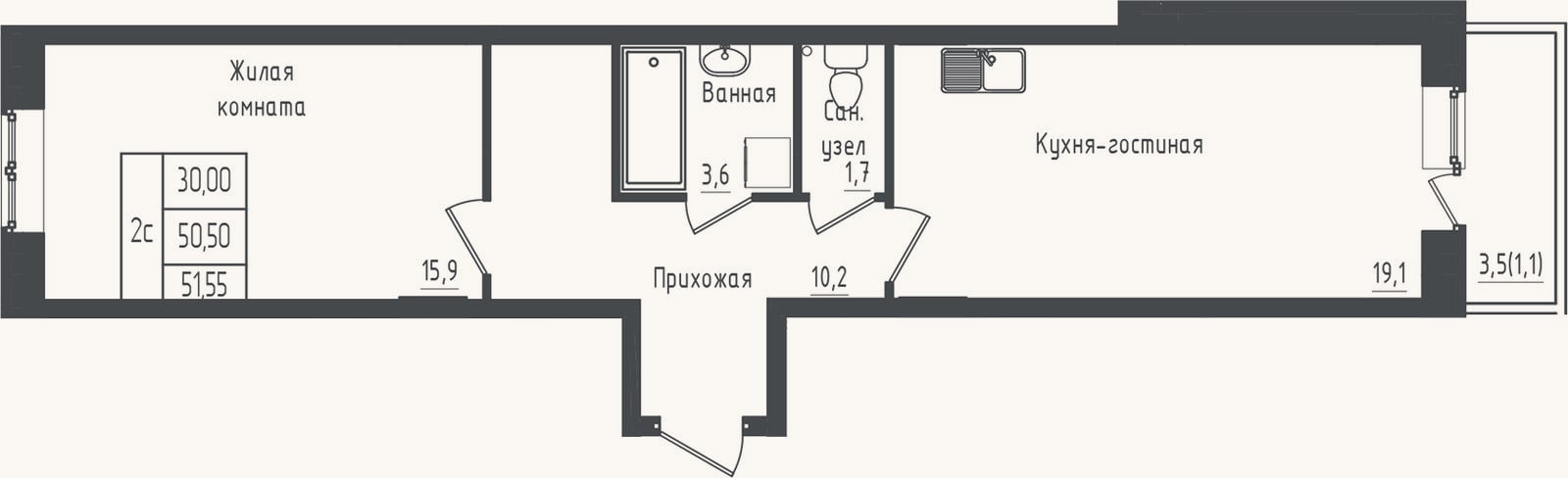 Планировка: 1-к, 50,5 м²