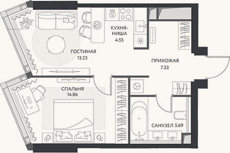 Планировка: 2-к, 45,7 м²