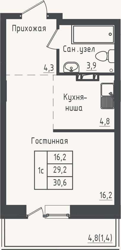 Планировка: Студия, 29,2 м²