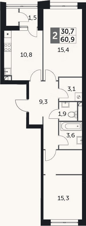 Планировка: 2-к, 60,1 м²