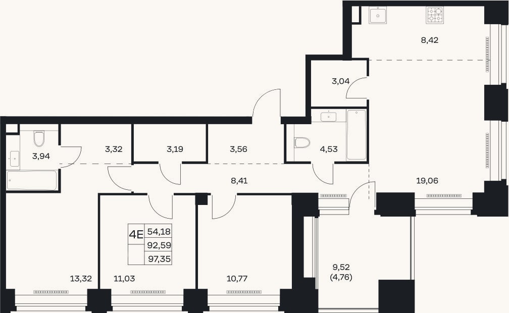 Планировка: 4+ к, 92,6 м²