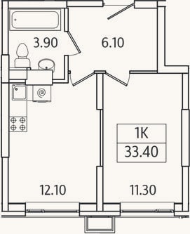 Планировка: 1-к, 33,4 м²