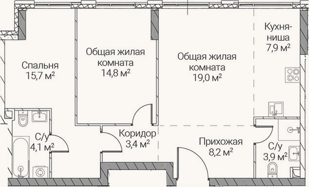 Планировка: 3-к, 77 м²