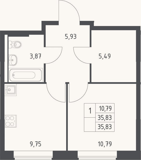 Планировка: 1-к, 35,8 м²