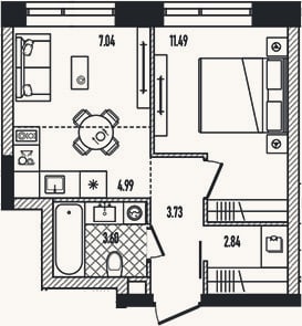 Планировка: 2-к, 33,5 м²